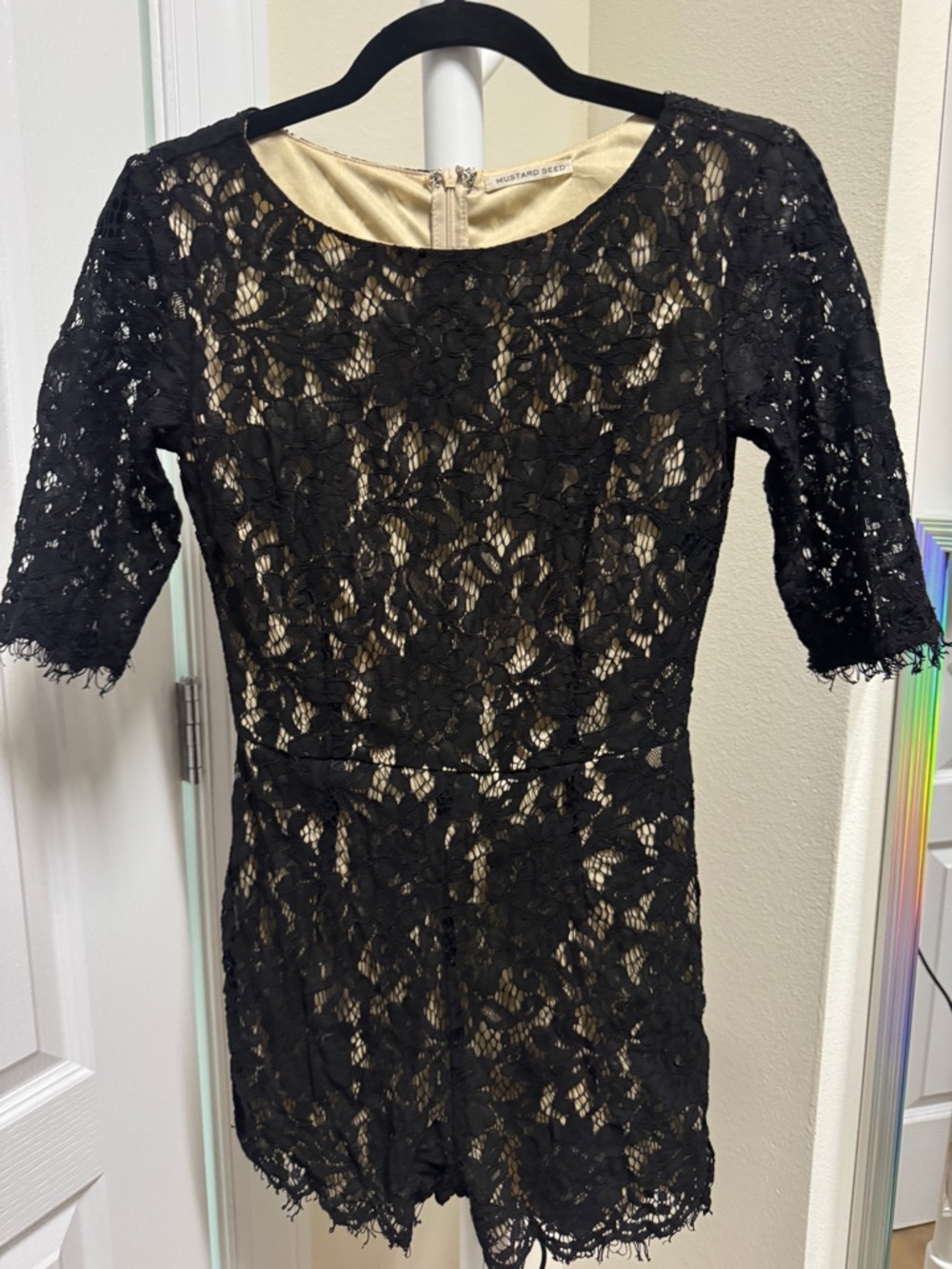 Mustard Seed Black Lace Romper with Cream Lining